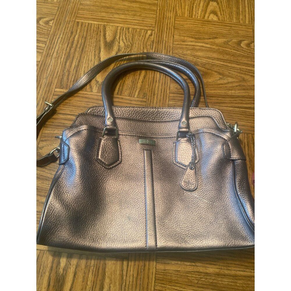 Cole Haan Metallic Leather Satchel Handbag With Shoulder Strap zip closure